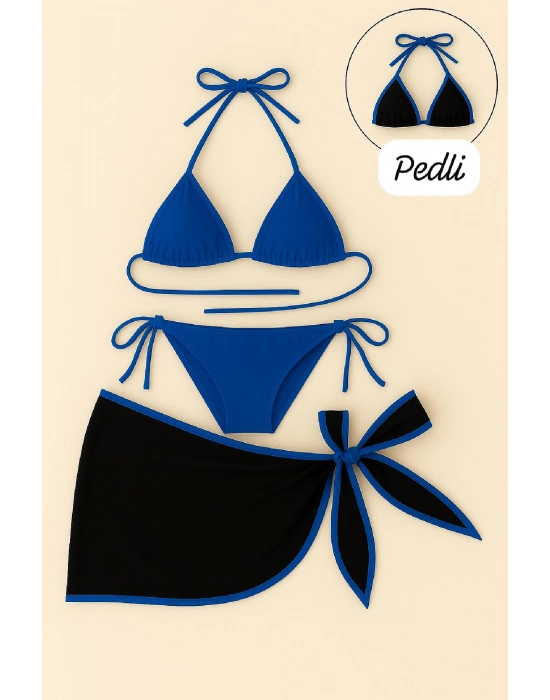 Kadın Mavi Pareolu Yandan Ve Boyundan Bağlamalı 3lü Bikini Takımı
