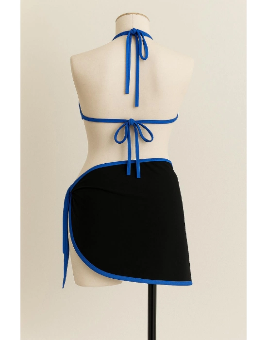 Kadın Mavi Pareolu Yandan Ve Boyundan Bağlamalı 3lü Bikini Takımı