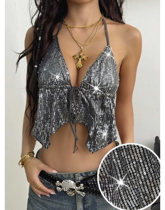 Kadın Metalik Gümüş Pul  Detaylı Crop Askılı Önden Bağlama 5093