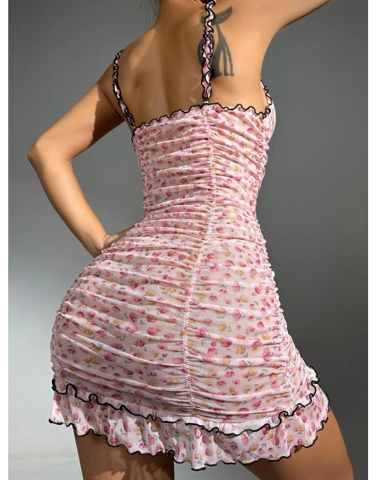 Kadın Pembe Askılı Gecelik – Piliseli Çiçek Desenli Tatlı Model