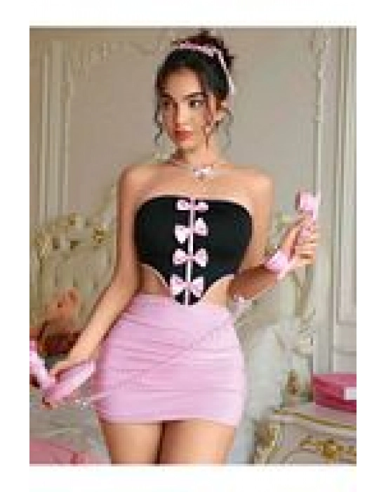 Kadın Pembe Ekose Etekli Seksi Kostüm