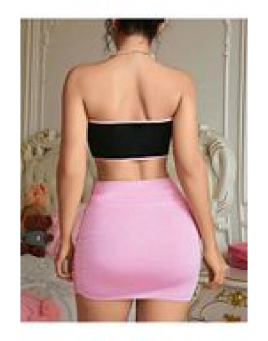 Kadın Pembe Ekose Etekli Seksi Kostüm