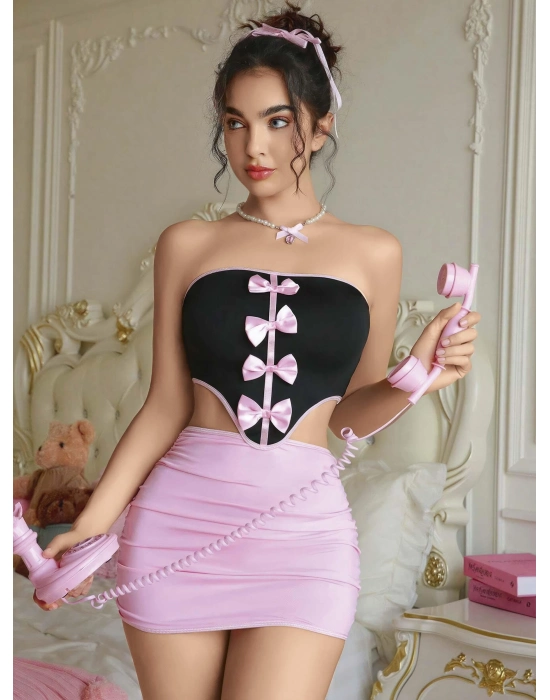 Kadın Pembe Etekli Fiyonk Detaylı Sexy Kostüm 8010