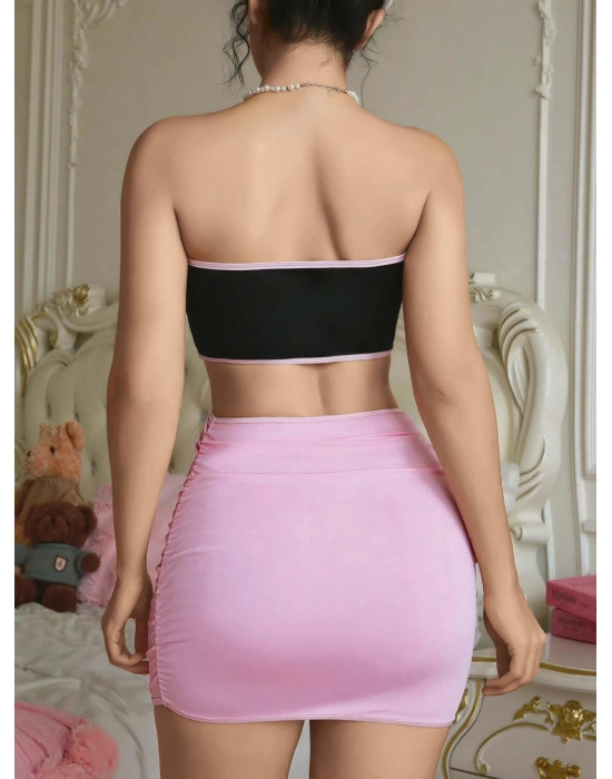 Kadın Pembe Etekli Fiyonk Detaylı Sexy Kostüm 8010