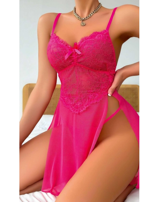 Kadın Pembe Fantazi Gecelik Tül Fiyonk Detaylı Yanları Dekolteli 2191