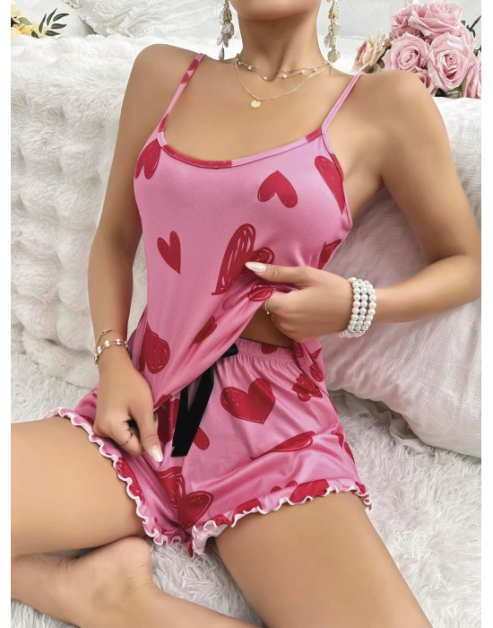 Kadın Pembe Kalp Baskılı Şortlu Gecelik Pijama Takımı 5050
