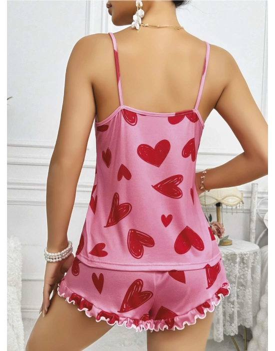 Kadın Pembe Kalp Baskılı Şortlu Gecelik Pijama Takımı 5050