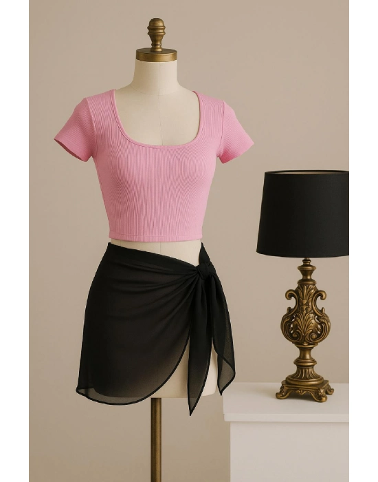 Kadın Pembe Yarım Kol Crop Ve Siyah Pareo 2li Set