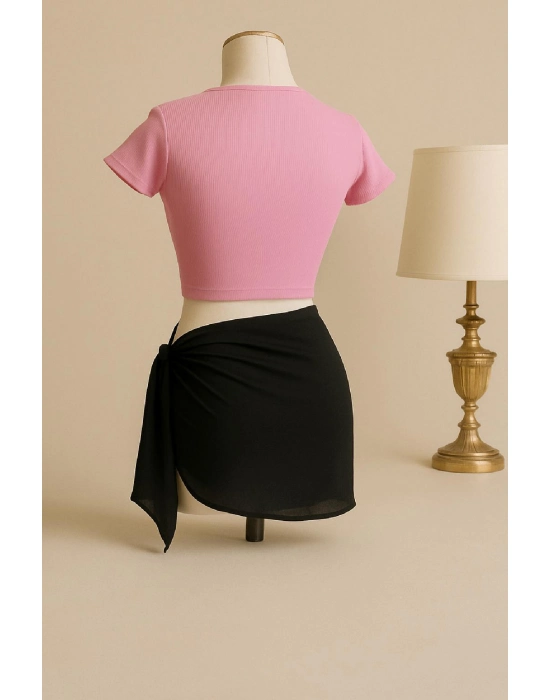 Kadın Pembe Yarım Kol Crop Ve Siyah Pareo 2li Set