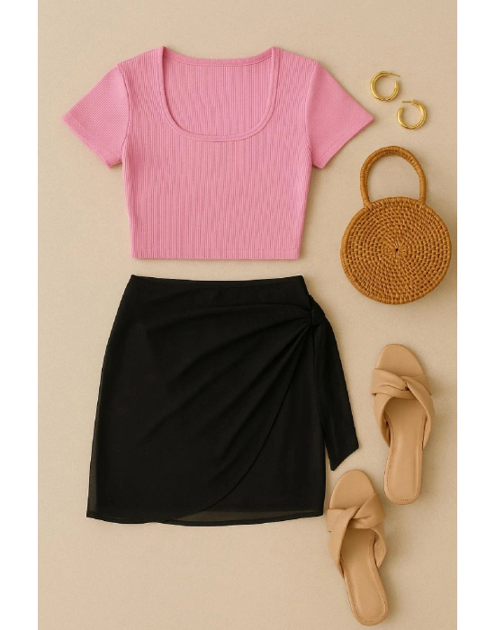 Kadın Pembe Yarım Kol Crop Ve Siyah Pareo 2li Set