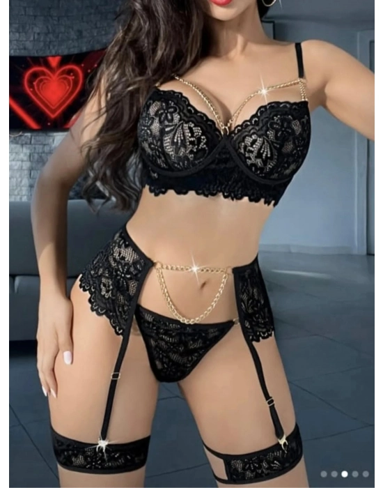 Kadın Seksi Siyah Jartiyer – Dantel Ve Zincir Detaylı Sütyen Külot Takımı