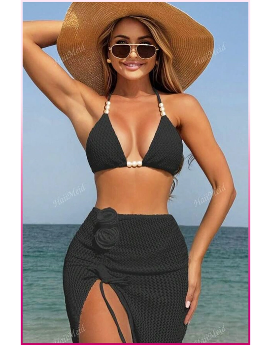 Kadın Siyah Askılı İncili Mayo Takımı