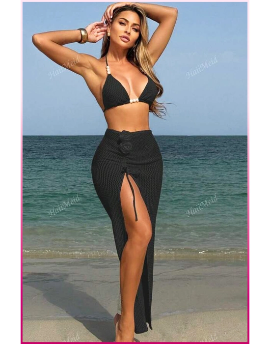 Kadın Siyah Askılı İncili Mayo Takımı