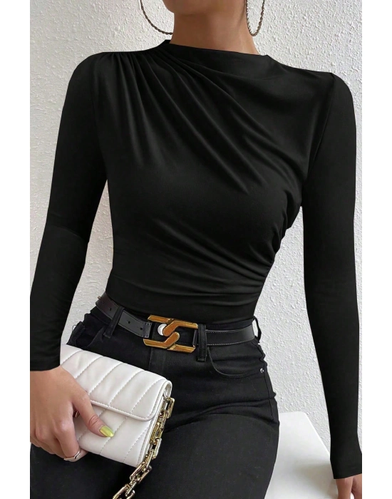 Kadın Siyah Belden Ve Boyundan Büzgü Detaylı Uzun Kollu Bluz