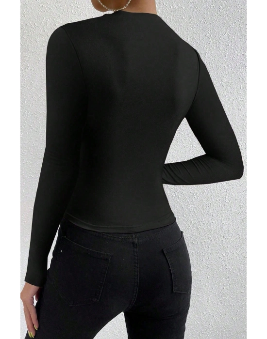 Kadın Siyah Belden Ve Boyundan Büzgü Detaylı Uzun Kollu Bluz