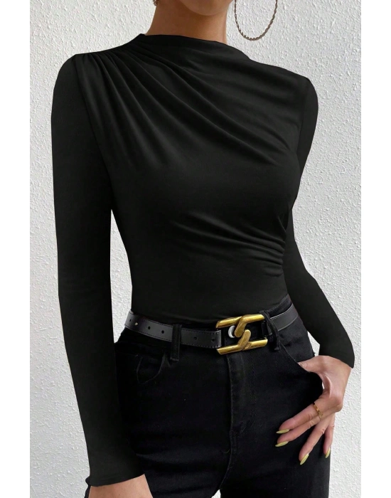 Kadın Siyah Belden Ve Boyundan Büzgü Detaylı Uzun Kollu Bluz