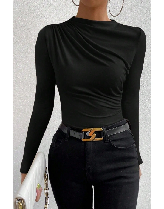 Kadın Siyah Belden Ve Boyundan Büzgü Detaylı Uzun Kollu Bluz