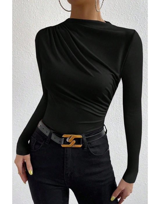 Kadın Siyah Belden Ve Boyundan Büzgü Detaylı Uzun Kollu Bluz