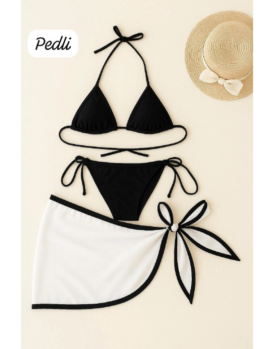 Kadın Siyah Beyaz Pareolu Yandan Ve Boyundan Bağlamalı 3lü Bikini Takımı