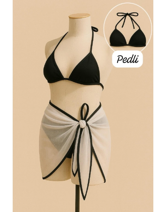 Kadın Siyah Beyaz Pareolu Yandan Ve Boyundan Bağlamalı 3lü Bikini Takımı