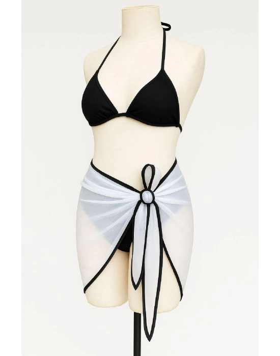 Kadın Siyah Beyaz Pareolu Yandan Ve Boyundan Bağlamalı 3lü Bikini Takımı
