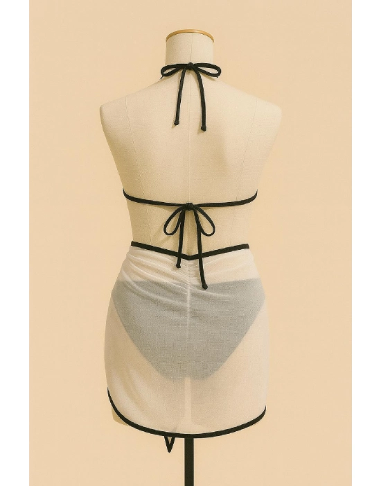 Kadın Siyah Beyaz Pareolu Yandan Ve Boyundan Bağlamalı 3lü Bikini Takımı