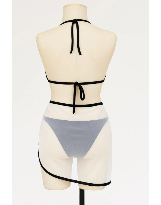 Kadın Siyah Beyaz Pareolu Yandan Ve Boyundan Bağlamalı 3lü Bikini Takımı