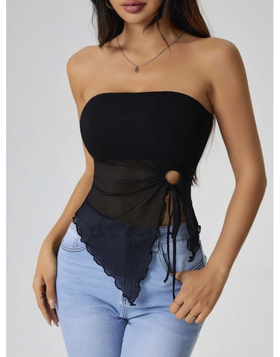 Kadın Siyah Crop Önden Halka Büzgü Detaylı 5094