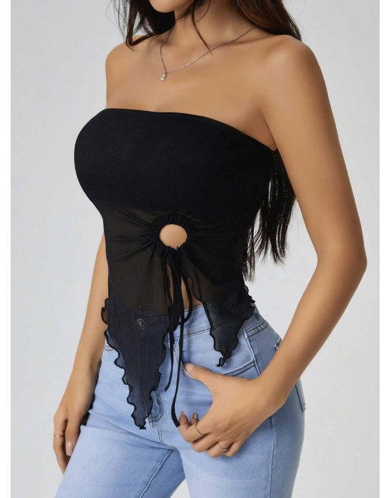 Kadın Siyah Crop Önden Halka Büzgü Detaylı 5094