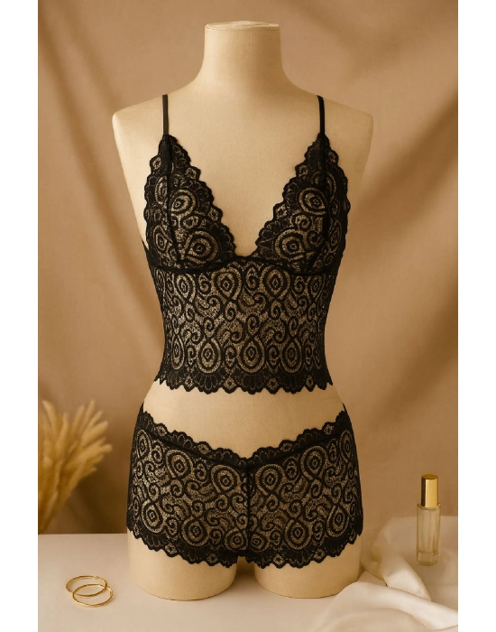 Kadın Siyah Dantel Bralet Şort Takımı – Şık, Zarif Ve Feminen İç Giyim
