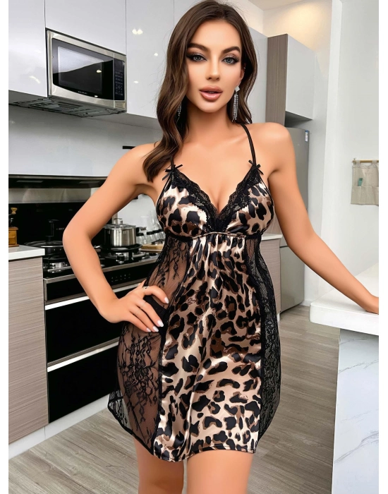 Kadın Siyah Dantel Detaylı Leopar Saten Gecelik 2223