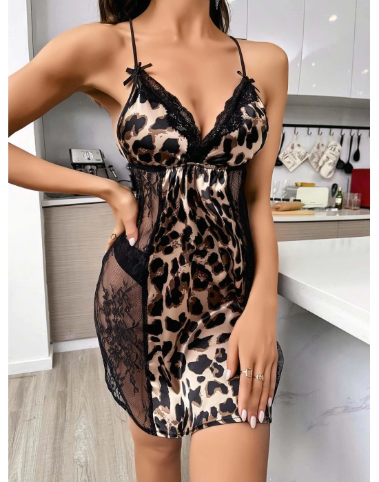 Kadın Siyah Dantel Detaylı Leopar Saten Gecelik 2223