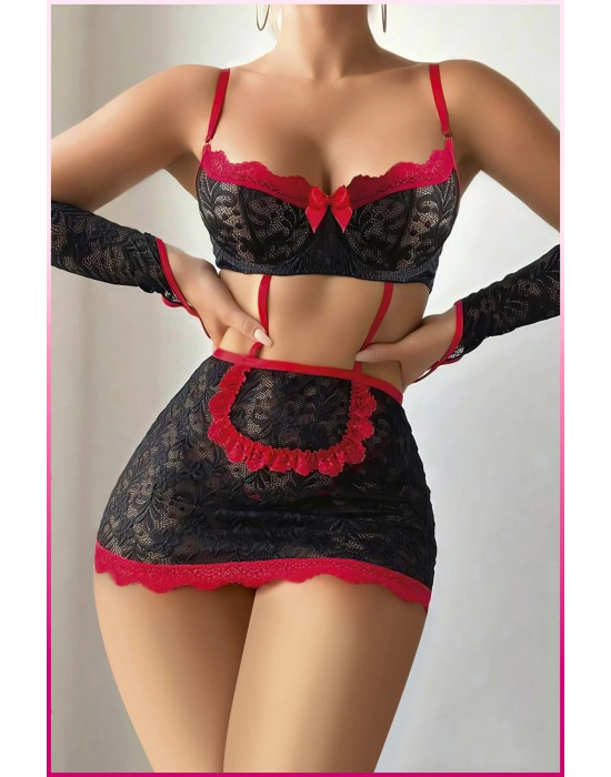 Kadın Siyah Dantel Etekli, Kol Bantlı, Göğüs Balenli  Fantazi Kostüm