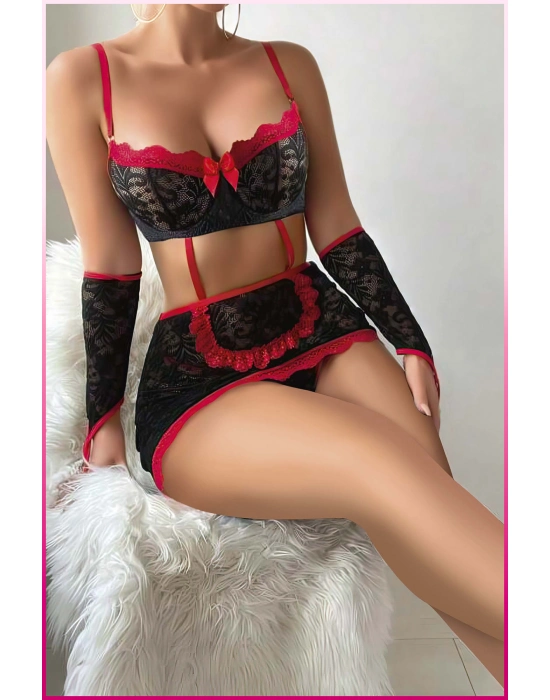 Kadın Siyah Dantel Etekli, Kol Bantlı, Göğüs Balenli  Fantazi Kostüm