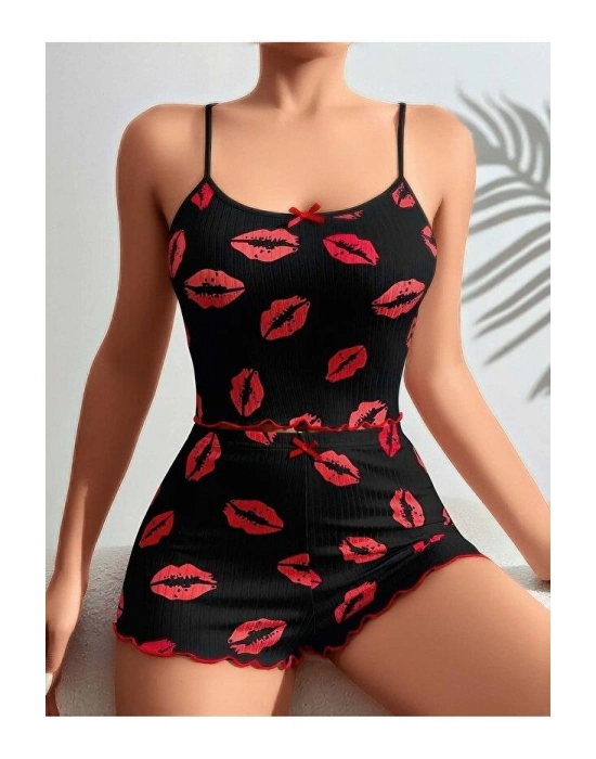 Kadın Siyah Dudak Desenli Şortlu Pijama Takımı 5057