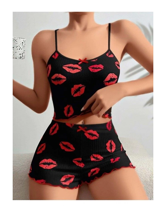 Kadın Siyah Dudak Desenli Şortlu Pijama Takımı 5057