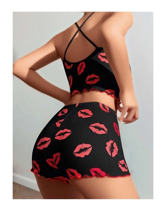 Kadın Siyah Dudak Desenli Şortlu Pijama Takımı 5057