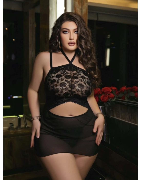 Kadın Siyah Fantazi Gecelik Kısa Tül Boyundan Bağlamalı 2200