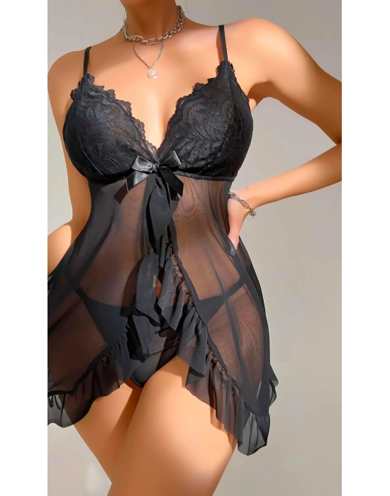 Kadın Siyah Fantezi Gecelik Tül Dantel Detaylı Fantezi Gecelik 2117