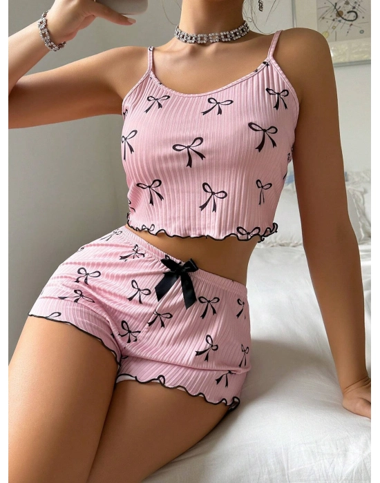 Kadın Siyah  Fiyonklu Şortlu Takım Mini Pembe Rahat