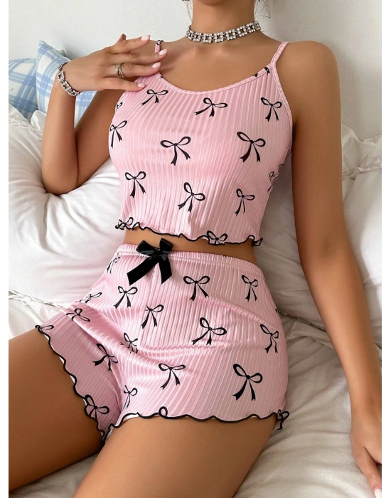 Kadın Siyah  Fiyonklu Şortlu Takım Mini Pembe Rahat