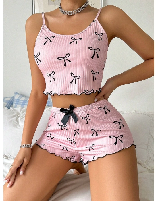 Kadın Siyah  Fiyonklu Şortlu Takım Mini Pembe Rahat