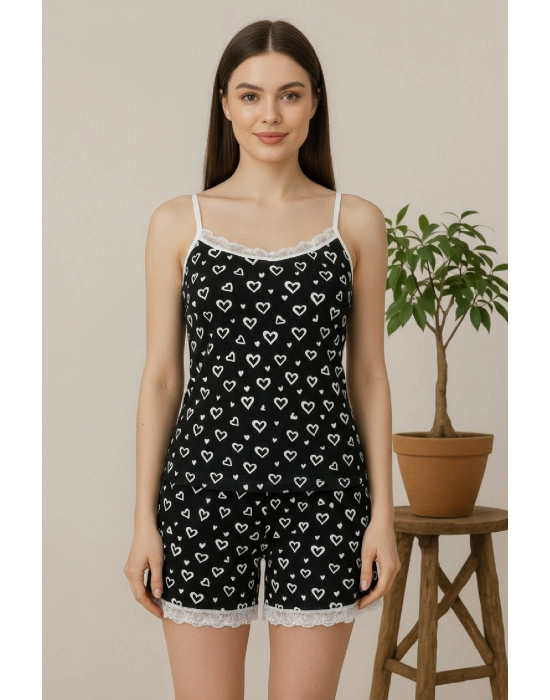 Kadın Siyah Kalp Desenli Askılı Şortlu Dantelli Pijama Takımı