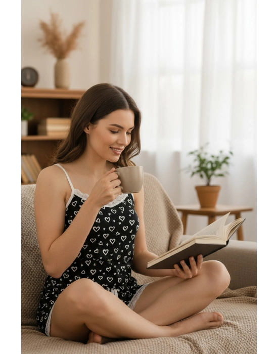 Kadın Siyah Kalp Desenli Askılı Şortlu Dantelli Pijama Takımı