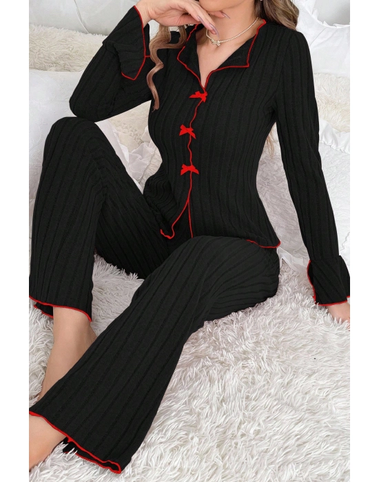 Kadın Siyah Kırmızı Biyeli Ve Fiyonklu Uzun Kollu Mevsimlik Pijama Takımı