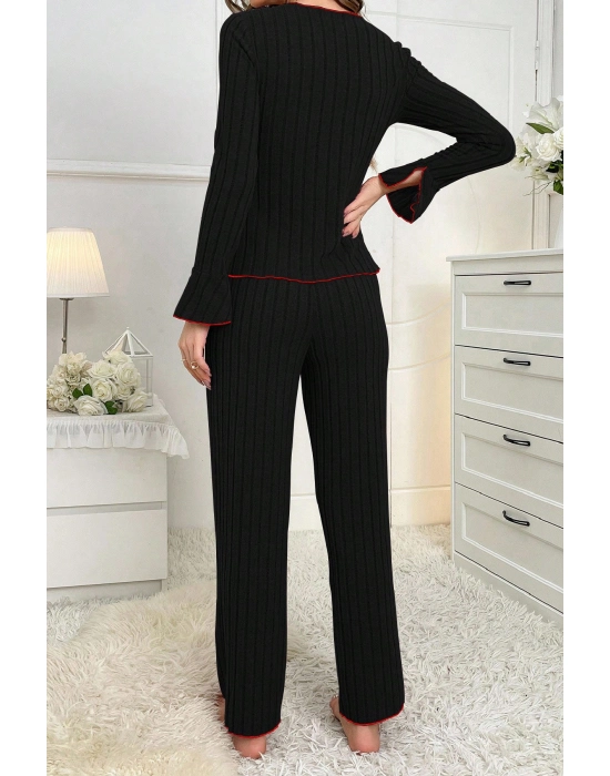 Kadın Siyah Kırmızı Biyeli Ve Fiyonklu Uzun Kollu Mevsimlik Pijama Takımı