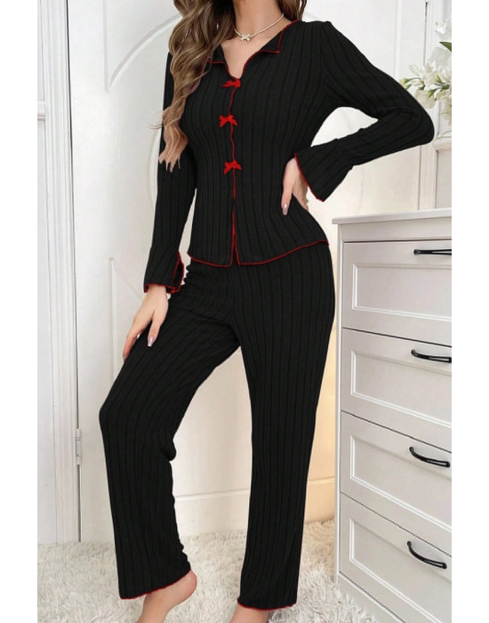 Kadın Siyah Kırmızı Biyeli Ve Fiyonklu Uzun Kollu Mevsimlik Pijama Takımı