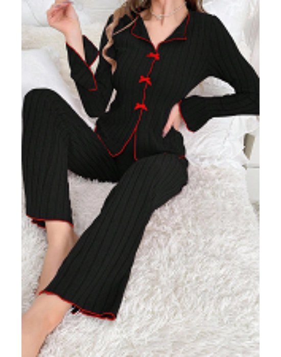 Kadın Siyah Kırmızı Biyeli Ve Fiyonklu Uzun Kollu Mevsimlik Pijama Takımı