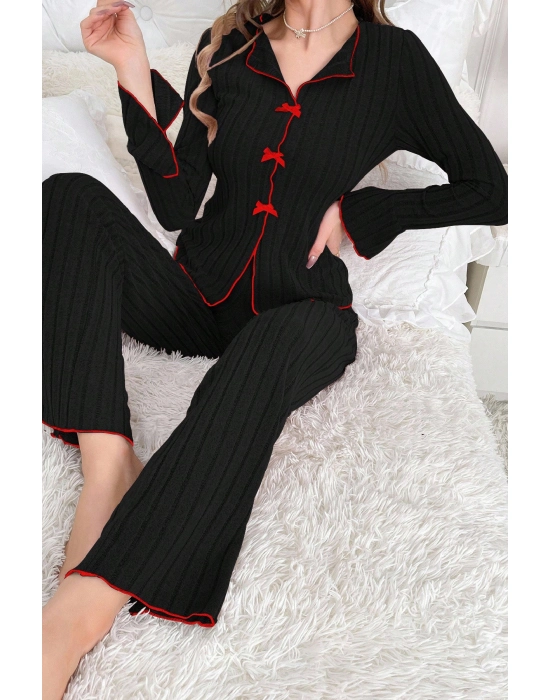 Kadın Siyah Kırmızı Biyeli Ve Fiyonklu Uzun Kollu Mevsimlik Pijama Takımı