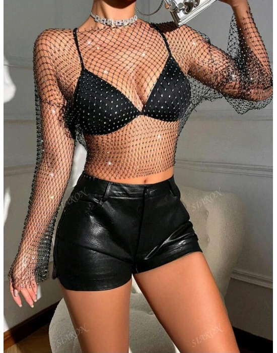 Kadın Siyah Kristal Taşlı File Crop